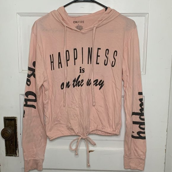 Happiness is On the Way Be Happy Hooded Light Pink Crop Top Size L - Picture 2 of 6